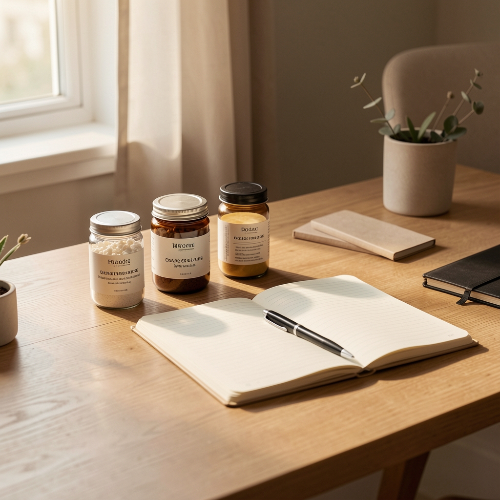 Writing desk with supplement containers, open notebook, and pen arranged in morning light, editorial workspace composition with warm neutral tones